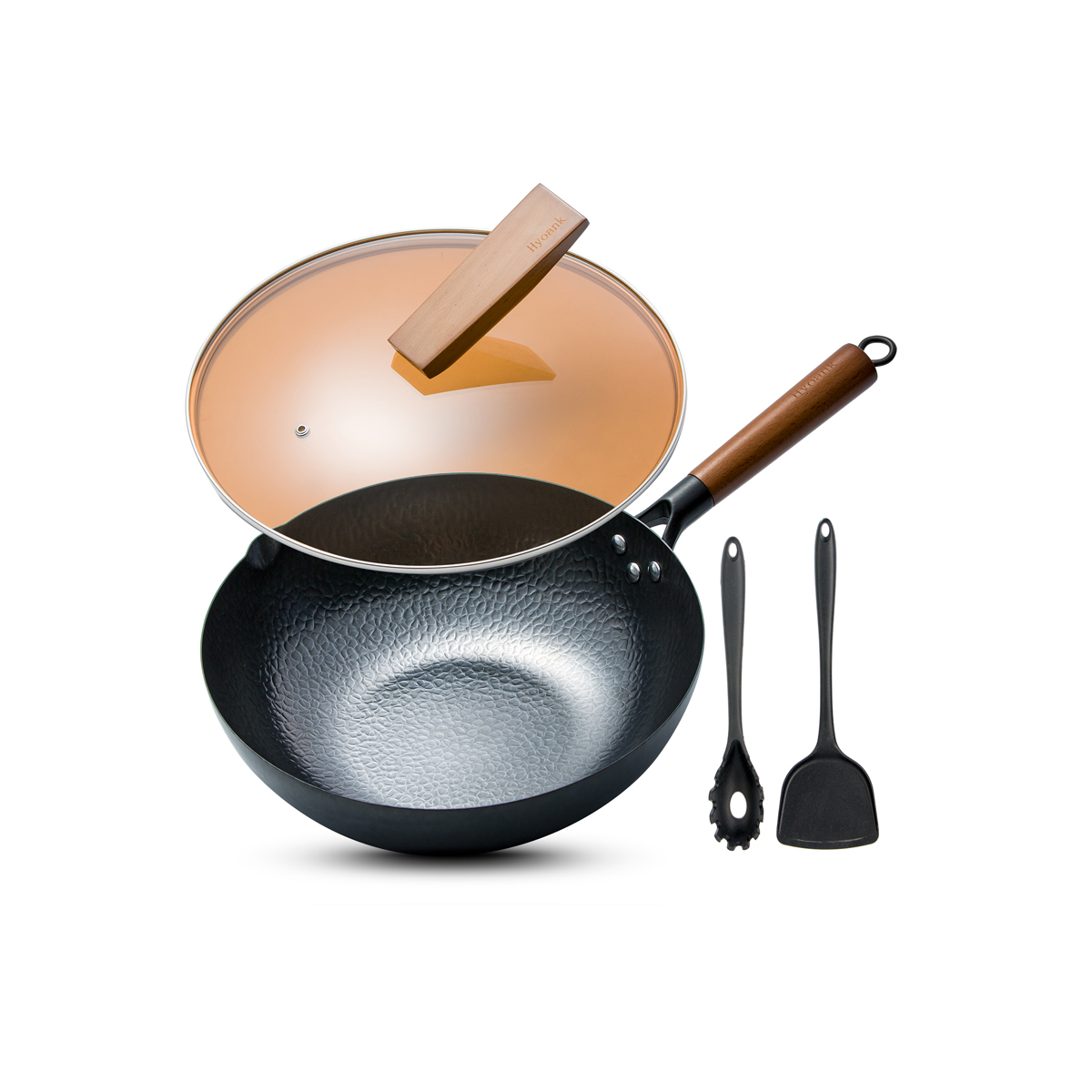 Bielmeier Wok Pan 12.5 Woks and Stir Fry Pans with lid Flat Bottom Wok Carbon Steel Wok with Cookware Accessories Wok with Lid Suits for all Stoves 